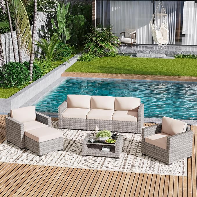 LOUVIXA 7 Piece Outdoor Patio Furniture Set, Rattan Chairs Glass Table Wicker - Image 9
