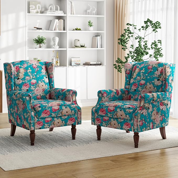 Pia Ricco Set of 2 Floral Accent Chairs, High Back Upholstered Armchairs by PiaRicco
