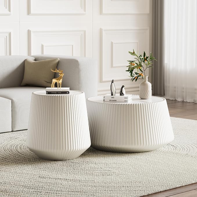 Modern Marble Nesting Coffee Table Set of 2, 26.77" Cup Shaped Coffee and End by Henf