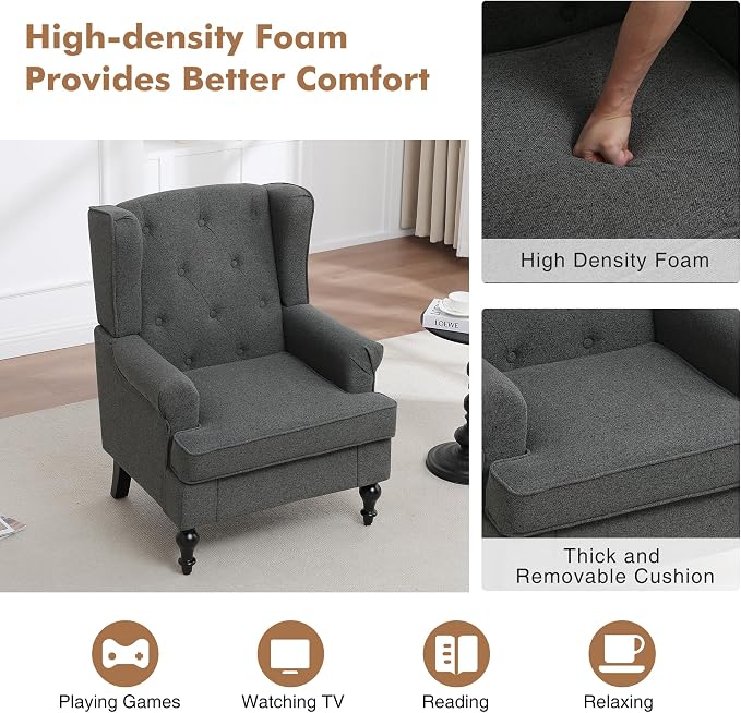 Accent Chair Set of 2, Mid Century Modern Fabric Wingback Chair, Upholstered - Image 4