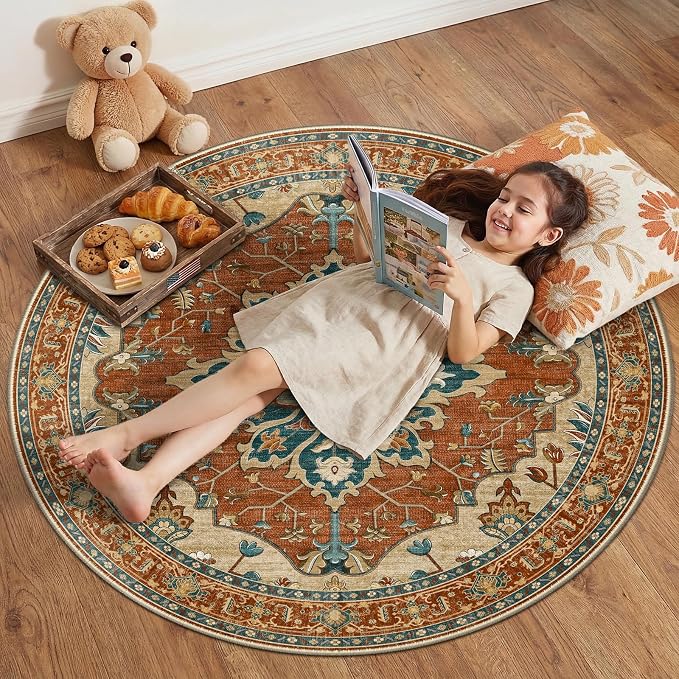 RELEANY Area Rugs Round 4ft Washable Non-Slip, Floral Vintage Distress Print by RELEANY