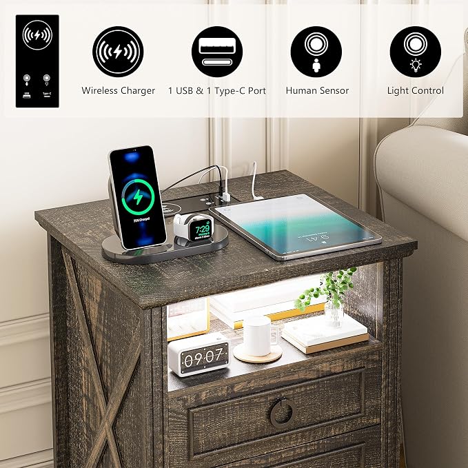 Nightstand with Charging Station, Farmhouse End Side Table with 3 Drawers and - Image 5