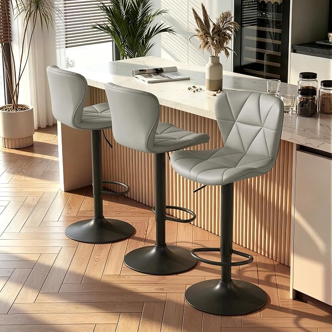 Nalupatio Modern Bar Stools Set of 3, Adjustable Faux Leather Upholstered by Nalupatio