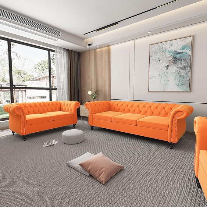 ORRD 2 Piece Living Room Set, Velvet Chesterfield Sofa Loveseat Couch by ORRD
