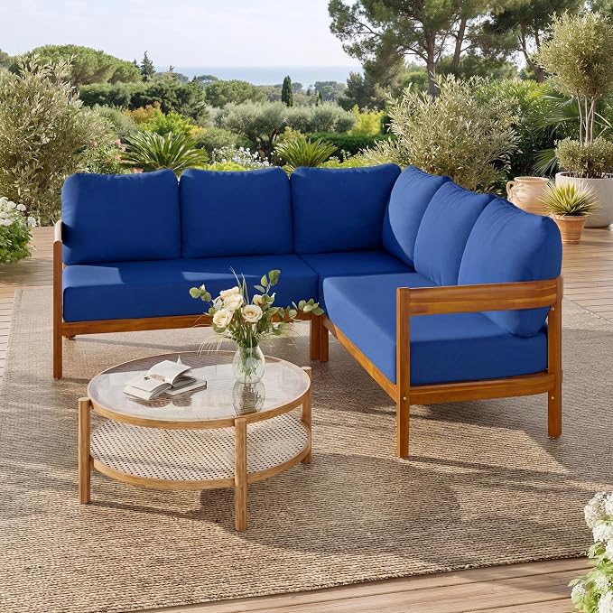 VilroCaz Outdoor Patio Furniture Set, L-Shaped Acacia Wood Sectional Sofa - Image 2