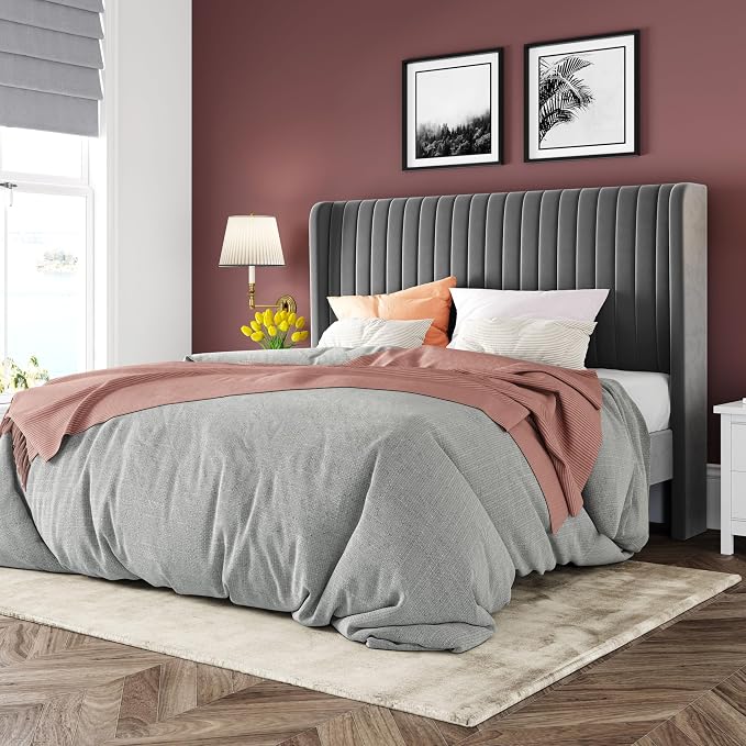 Allewie Queen Size Velvet Bed Frame/Vertical Channel Tufted Wingback by Allewie