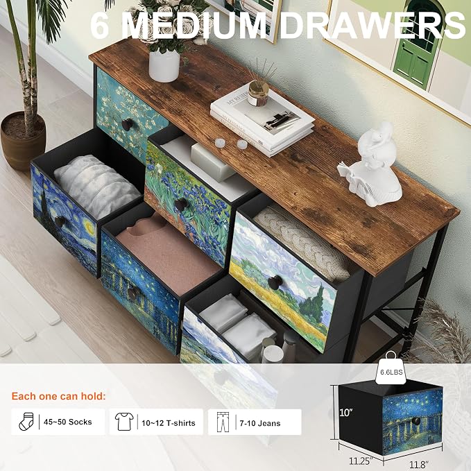 EXOTICA 6 Drawer Dresser for Bedroom Van Gogh Chest of Drawers Wide TV Stands - Image 4