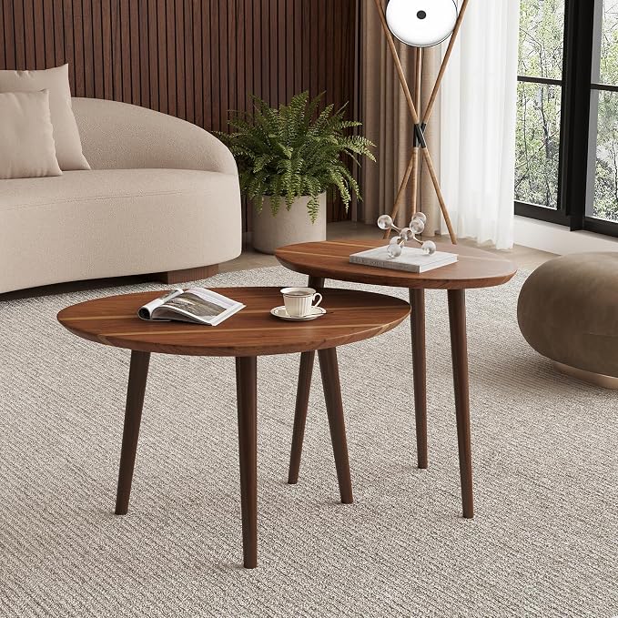 Small Oval Coffee Tables Set, Acacia Wood Nesting Tables（25.6"x17.7"+17.7"x13.4" - Image 7