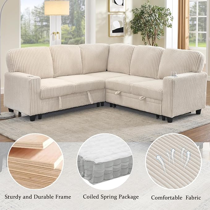 L-Shaped Sectional Couch with Storage and Pull Out Bed, Convertible Sofa Bed - Image 9