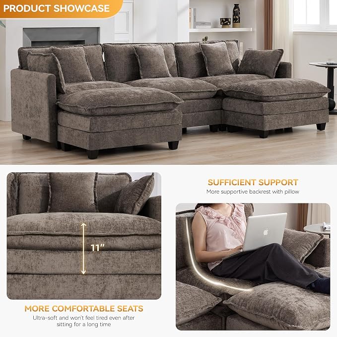 111'' Sectional Cloud Deep Seat Couch, Oversized Chenille U Shaped Sectional - Image 3