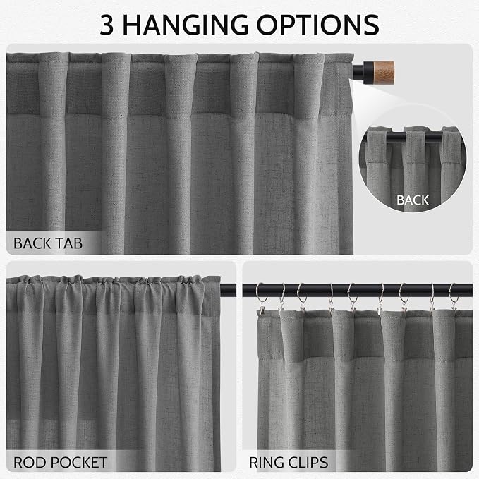 Nanspring Blazer Grey Curtain Linen Blend Light Filtering Back Tab Curtains 108 - Image 3