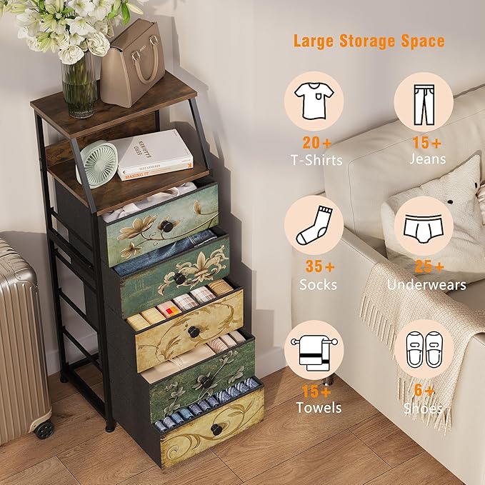 Tohomeor Nightstand with Fabric Drawers Dresser with 2 Tier Shelf Storage Tower - Image 4