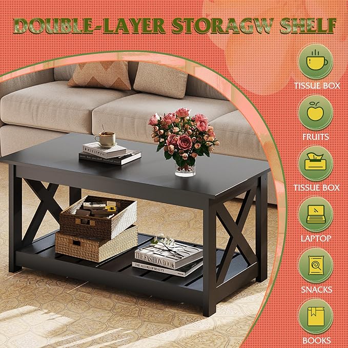 WLIVE Farmhouse Coffee Table for Living Room, 40.1" Rustic Center Table - Image 5