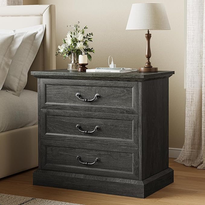 Huuger Nightstand with Charging Station, 3 Drawer Night Stand Set of 2 - Image 3