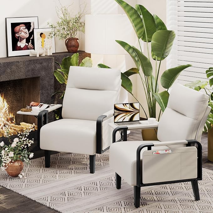 Andeworld Modern Beige Accent Chair, PU Leather Upholstered Armchair Side Chair - Image 9