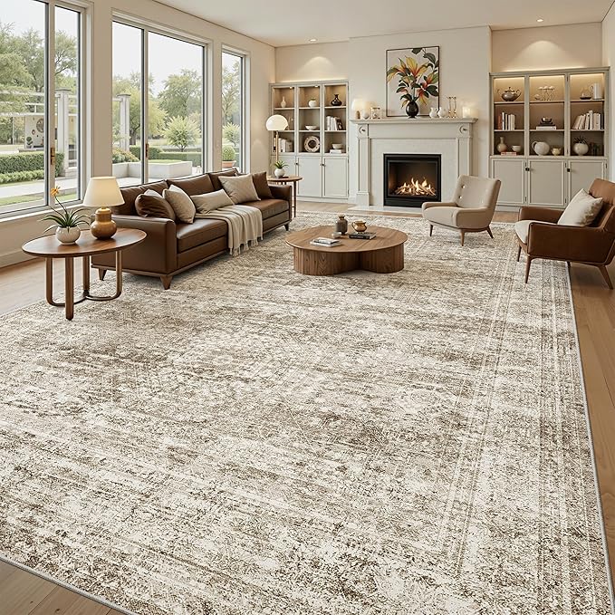 12x15 Washable Area Rug Brown Neutral Abstract Living Room Large Carpet Non - Image 2