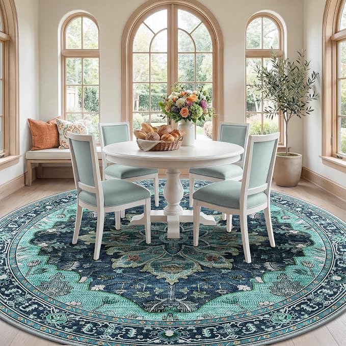 RELEANY Area Rugs Round 10ft Washable Non-Slip, Floral Vintage Distress Print - Image 3