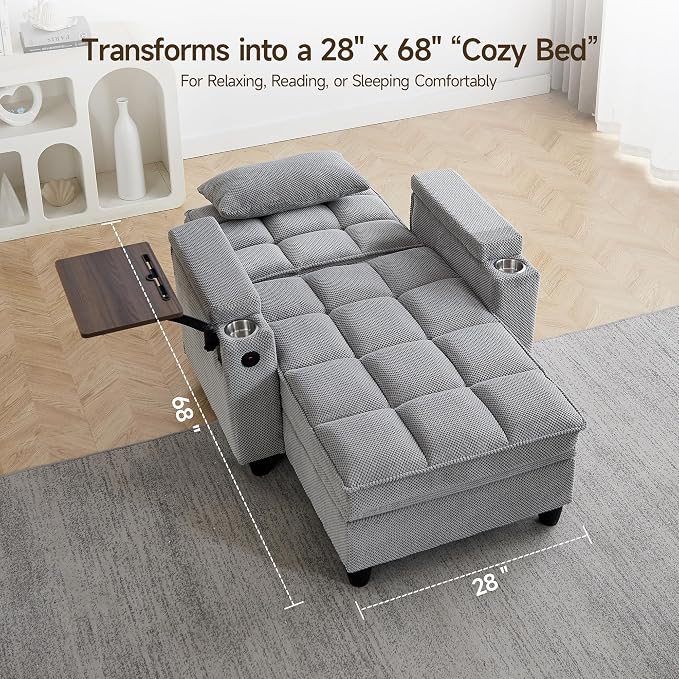 Oversized Recliner Chair with Swivel Tray Table, Modern Tufted Linen Fabric - Image 8