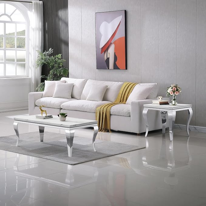 Henf Marble End Table Modern White Faux Marble Sofa Side Table - Image 5