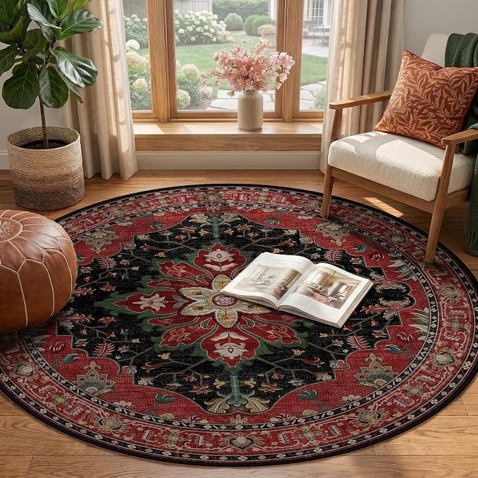RELEANY Area Rugs Round 4ft Washable Non-Slip, Floral Vintage Distress Print - Image 2