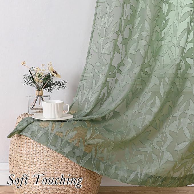Lecloud Leia 72 Inch Sheer Curtains Sage Green Panels Set of 2, Double Rod - Image 3