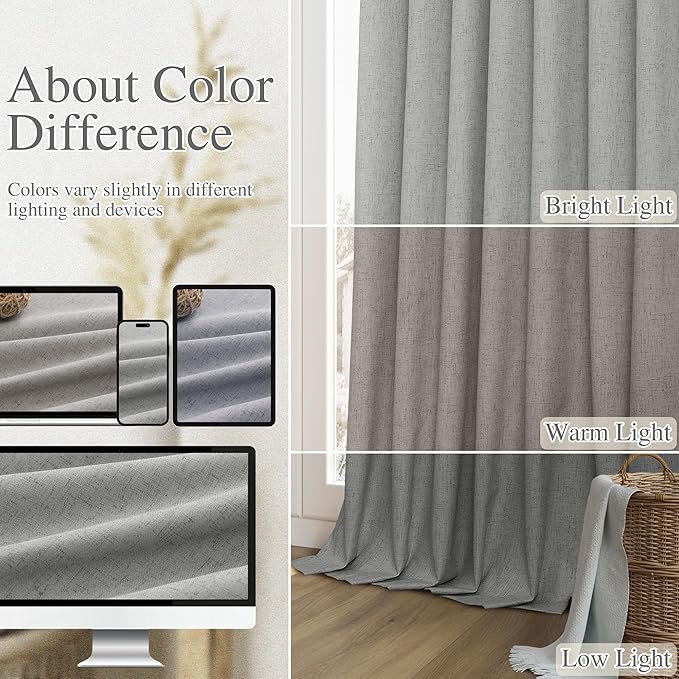 Guken Dark Grey 100% Blackout Linen Curtains 102 Inch Length 2 Panels Set - Image 7