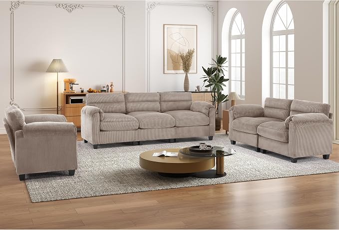 HAOMARKETS Corduroy Sofa Set, Upholstered Armchair, and 3-Seater Couch - Image 3