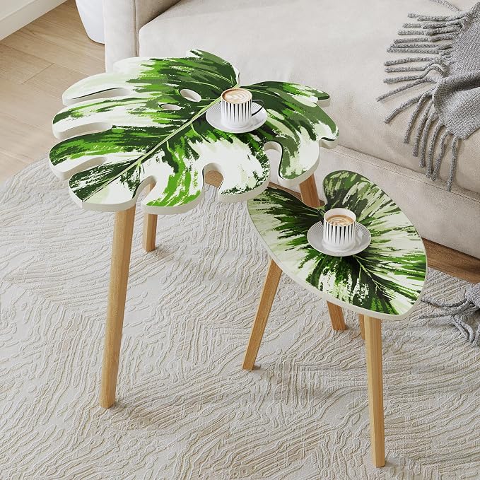BAMEOS Monstera Leaf Nesting Tables Set of 2, Small Side Tables f Set - Image 2