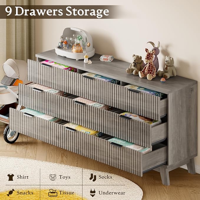 BORNOON 63" Long Dresser for Bedroom, 9-Drawer Fluted Dresser, Extra-Wide Wood - Image 6