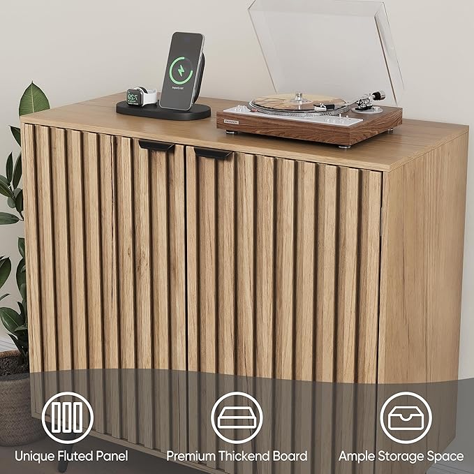Smuxee Fluted Sideboard Cabinet, Freestanding Natural Buffet Cabinet - Image 7
