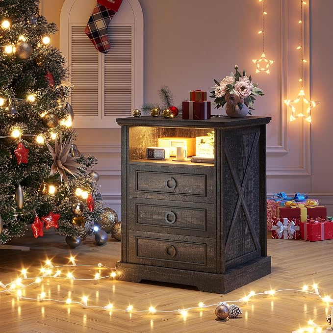 Nightstand with Charging Station, Farmhouse End Side Table with 3 Drawers and by TAGELIER