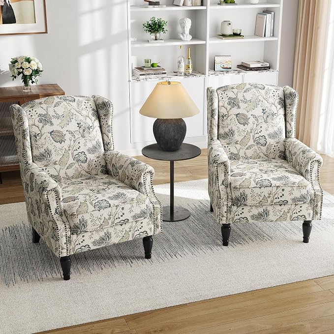 Floral Print Wingback Accent Chair, Retro Modern Farmhouse Armchair - Image 5