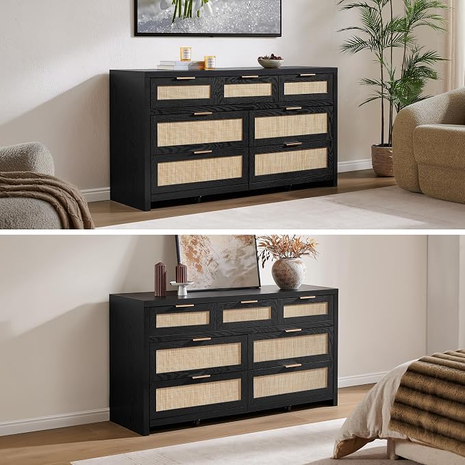 SICOTAS 7 Drawer Dressers for Bedroom Set 2, Long Rattan Dresser, Dresser TV - Image 5