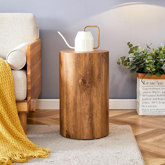 12'' Boho Cylinder Side Table for Living Room, Natural Wood Accent Tables - Image 4