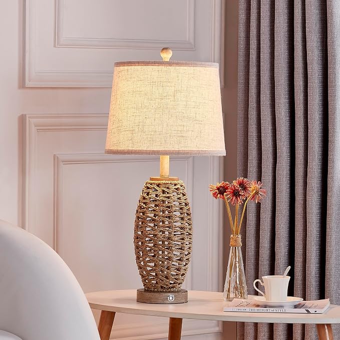 27” Natural Rattan Table Lamps Set of 2, Touch Switch, 3-Way Dimmable Bedside - Image 3