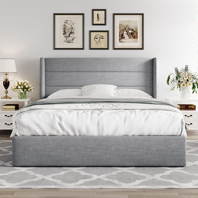 Allewie Queen Size Lift Up Storage Bed, Modern Wingback Headboard, Hydraulic - Image 7