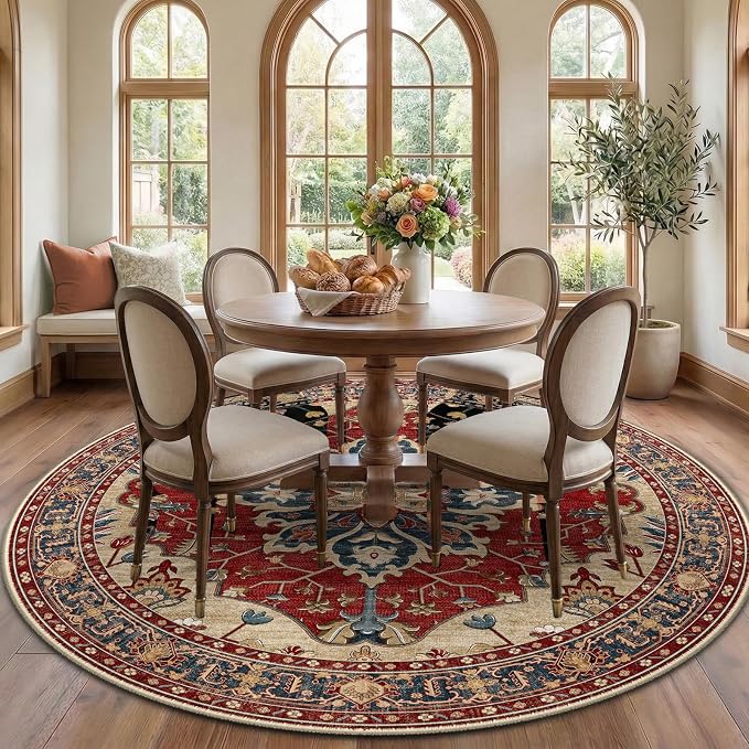 RELEANY Area Rugs Round 7ft Washable Non-Slip, Floral Vintage Distress Print by RELEANY