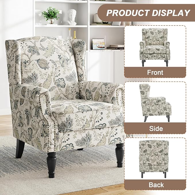 Floral Print Wingback Accent Chair, Retro Modern Farmhouse Armchair - Image 3