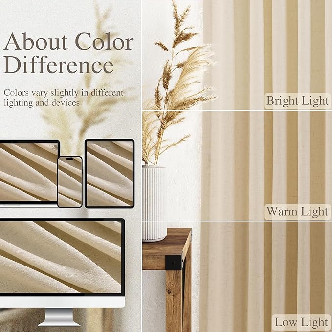 Extra Long Curtain 108 Inches Long Set Back Tab Tan Linen Drapes - Image 3