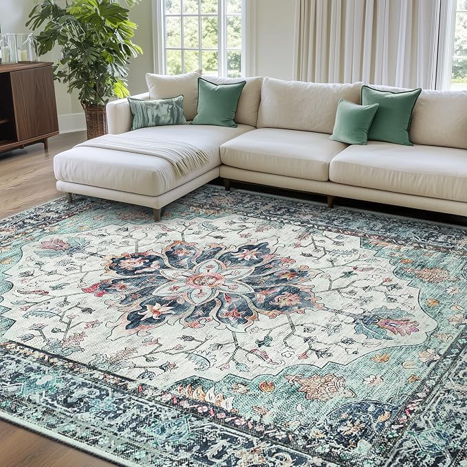 RELEANY Area Rugs 7'x10' Washable Non-Slip, Floral Vintage Distress Print by RELEANY