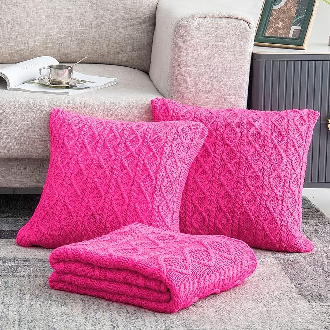 Homiest Hot Pink Cable Knit Throw Blanket Set of 3, Soft & Cozy Acrylic Blanket - Image 2
