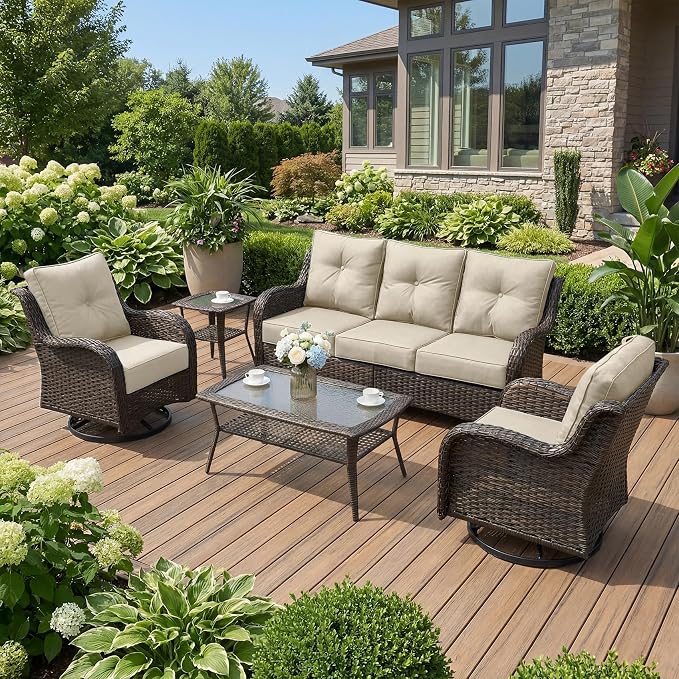 Patio Furniture Set, High Back Rattan Sofa & Swivel Rocker Chairs, Weather by SAILARYPatioFurniture