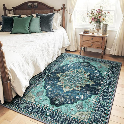 Area Rugs 4'x5' Washable Non-Slip, Floral Vintage Distress Print Pattern by RELEANY
