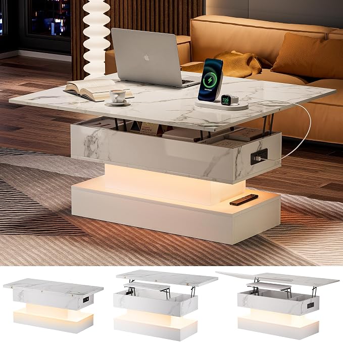 SYESWAY 39.4” Modern High Gloss Marble Lift Top Coffee Table by SYESWAYFurniture