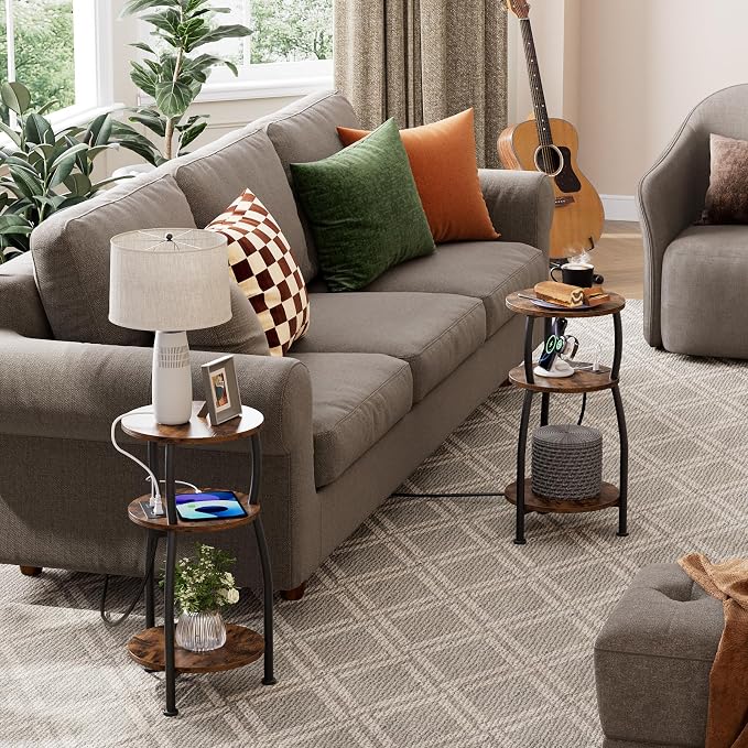 Round Side Table with Power Outlet & USB Ports, 3-Tier End Table with Storage - Image 6