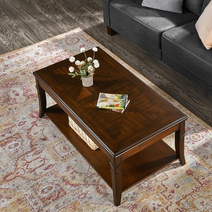 Solid Wood Coffee Table with Storage Shelf, Mid Century Modern Rectangle Coffee - Image 9