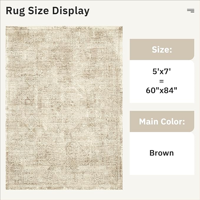 5x7 Area Rugs Brown Low Pile Indoor Washable Trendy Faded Style Floral Rugs - Image 5