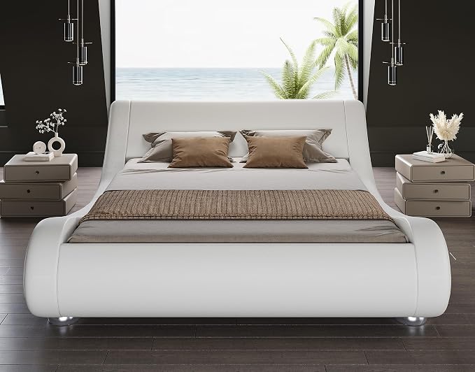 SHA CERLIN Queen Size Upholstered Bed Frame, Deluxe Low Profile Sleigh Bed - Image 3