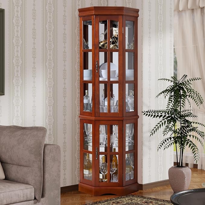 Corner Curio Cabinet with Lighting System, Adjustable Tempered Glass Shelves - Image 9