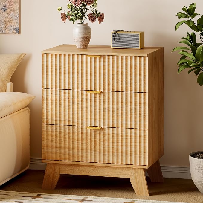 BORNOON Fluted 3 Drawer Dresser, 30.3" Tall Compact Modern Boho Chest of Drawers by BORNOON